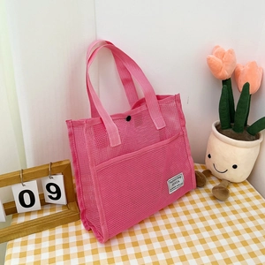 Portable Nylon Mesh Handbag Large Capacity Travel Beach Swimming Bag Fashion Tote For Women Solid Color Toiletry Storage