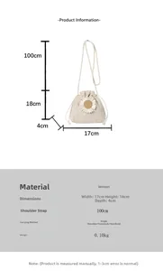 Detailed size specifications for small beige straw bucket bag with sunflower decor