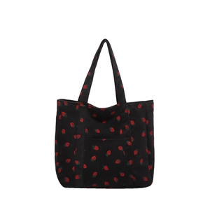 Borsa tote in velluto a coste nera con stampa di fragole e grande capacità da donna