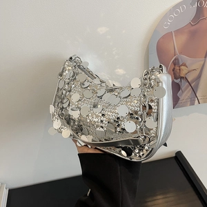 Sac à Épaule Paillettes Femme Chaîne de Mode Sac sous le Bras Métallisé pour Fête Banquet Quotidien Chic Carré