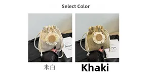 Detail of straw drawstring bucket bags with large sunflower weave in off-white and khaki