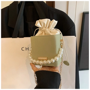 Minimalist green PU leather square crossbody bag with faux pearl handle and gold chain