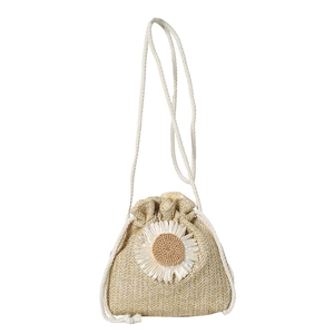 Straw drawstring bucket bag with white daisy flower detail for summer beach vacations