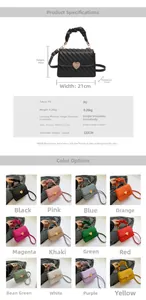 Detailed size parameters and twelve color options for the heart-quilted PU crossbody bag