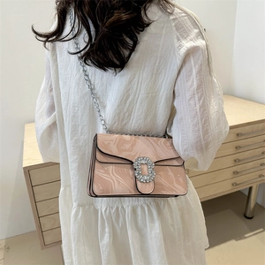 Pink marble pattern crossbody bag with rhinestone buckle and silver chain strap