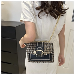 Detail of tweed crossbody bag with gold hardware and chain strap shown on model