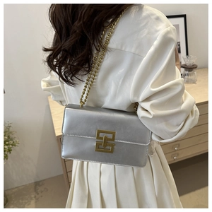 Silver metallic crossbody bag with gold chain strap worn by a model in a warm interior