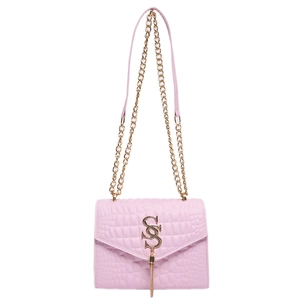 Sac bandoulière rose en similicuir gaufré avec logo doré et détail de franges