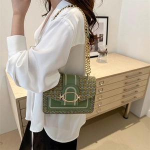 Fashion green tweed crossbody bag with gold chain strap and elegant horsebit detail