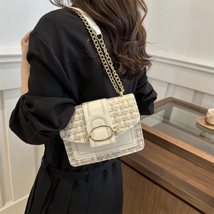Elegant tweed and white leather crossbody bag with gold chain strap for women