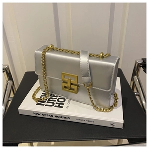 Detail of silver matte leather crossbody bag with gold chain strap on a white book