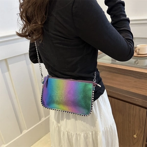 Chic holographic handbag with silver rivets and metallic chain strap for women
