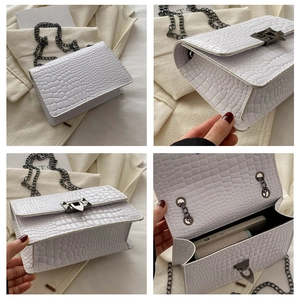 Detailed views of crocodile-embossed flap bag with chain strap and metal clasp