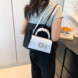 White crocodile texture handbag with crystal square buckle and ruched handle
