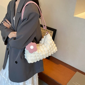 Minimalist white bubble texture hobo bag with pink leather strap and flower charm