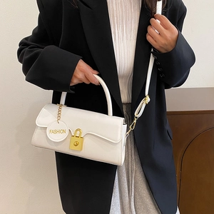 French style white leather rectangle shoulder bag with gold clasp and fashion charm