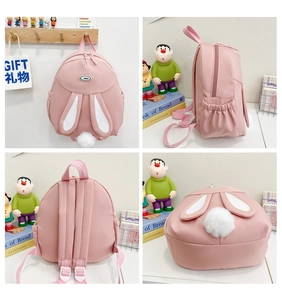 Detailed views of a pink bunny backpack with plush tail, long ears and side pockets