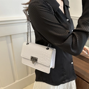 Chic white crocodile pattern square crossbody bag with metallic chain and push-lock closure