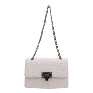 Minimalist white square flap bag with crocodile texture and metal triangle clasp