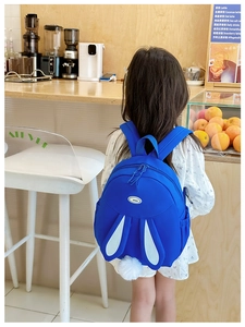 Detail of blue rabbit backpack for girls with 3D ears and a fluffy white pom-pom tail