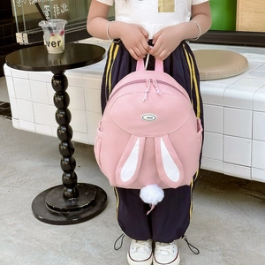 Pink sweet girl backpack with cute rabbit ears and plush ball tail for children