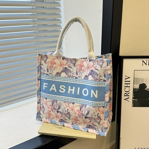 Sac Fourre-tout en Toile Florale Style Ethnique pour Femmes Impression de Lettres Grande Capacité Sac à Main Décontracté Shopping