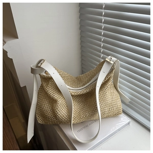 Summer woven crossbody bag with beige texture and adjustable white shoulder strap