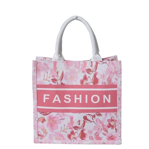 Sac cabas en toile rose à fleurs de style ethnique avec poignées tissées