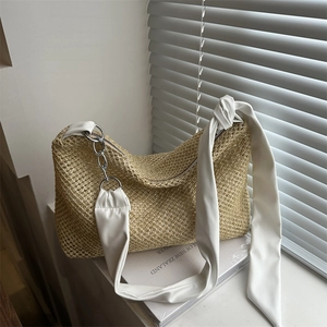 Women Woven Tote Bag Fashion Straw Shoulder Bag With Metal Chain And Knot Strap Summer Beach Travel Casual Handbag