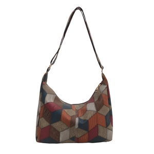 Women's patchwork tote bag with multi-color geometric panels and crocodile texture