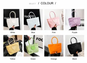 Collage showing eight vibrant colors of nylon tote bags with heart smiley patch