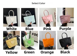 Collage showing eight vibrant colors of nylon tote bags with heart smiley patch