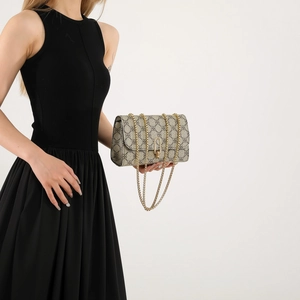Beige logo-patterned chain shoulder bag with gold U-shaped buckle and metal strap