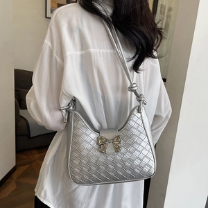 Silver bow crescent underarm bag with woven texture for women 2024 fashion style