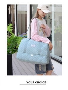 Close-up of quilted light blue travel bag with double layers and separate shoe compartment