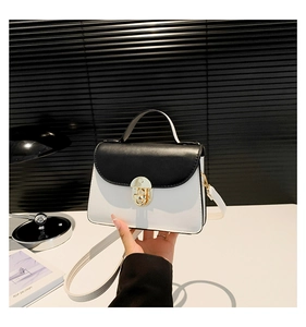 Detail of black and white leather crossbody bag with elegant gold rotating lock buckle