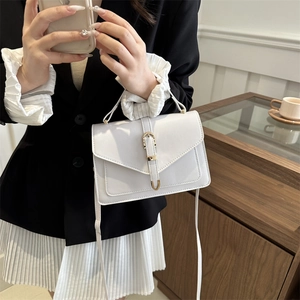 Chic beige crossbody square bag with gold buckle and top handle for women