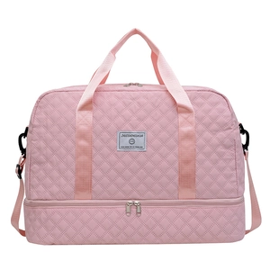 Pink quilted travel bag with large capacity for yoga, swimming, and fitness activities