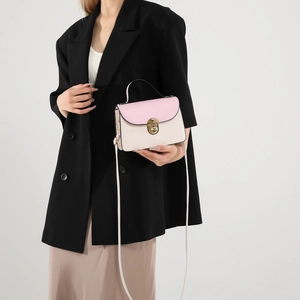 Pink and beige crossbody handbag with gold lock shown on model in black blazer