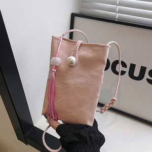 Marble Texture Women Phone Bag With Artificial Pearl Buckle Tassel Decor Crinkled PU Leather Crossbody Small Square Purse