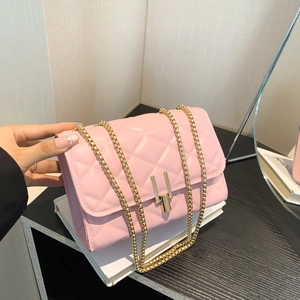 Fashion Women PU Leather Quilted Rhombic Shoulder Bag Gold Metal Chain Strap Small Square Bag Crossbody Daily Handbag
