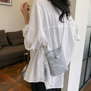 Gray marble pattern crossbody phone bag with pearl buckle and elegant silk tassel detail