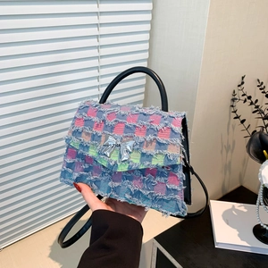 Sac Carré pour Femme Bord Effiloché Motif Plaid et Étoiles Nœud Argenté PU Tissu Sac Bandoulière Sac à Épaule