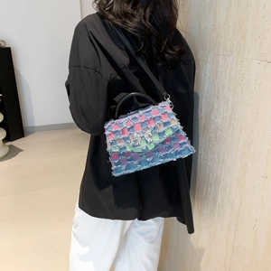 Sac bandoulière en tweed multicolore de style japonais avec nœud argenté et franges