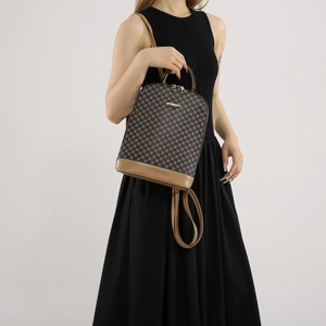 Brown checkered large capacity backpack for women with vintage style and leather straps
