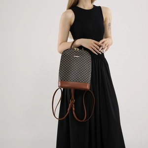 Women's retro brown checkered backpack with large capacity and leather straps