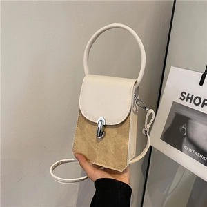 Borsa a Tracolla Piccola Quadrata in Pelle PU Color Block Donna Moda Street Trendy Mini Borsa a Spalla Manico Tondo Chiusura Metallo Borsa Cellulare