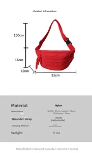 Detail view of red nylon crossbody bag with dimensions and 100cm adjustable strap info
