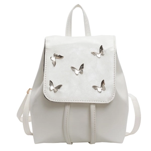 White faux leather backpack with silver butterfly accents and slim shoulder straps