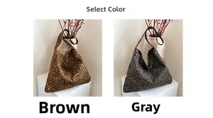Detail view of stylish leopard print tote bags in brown and grey color options